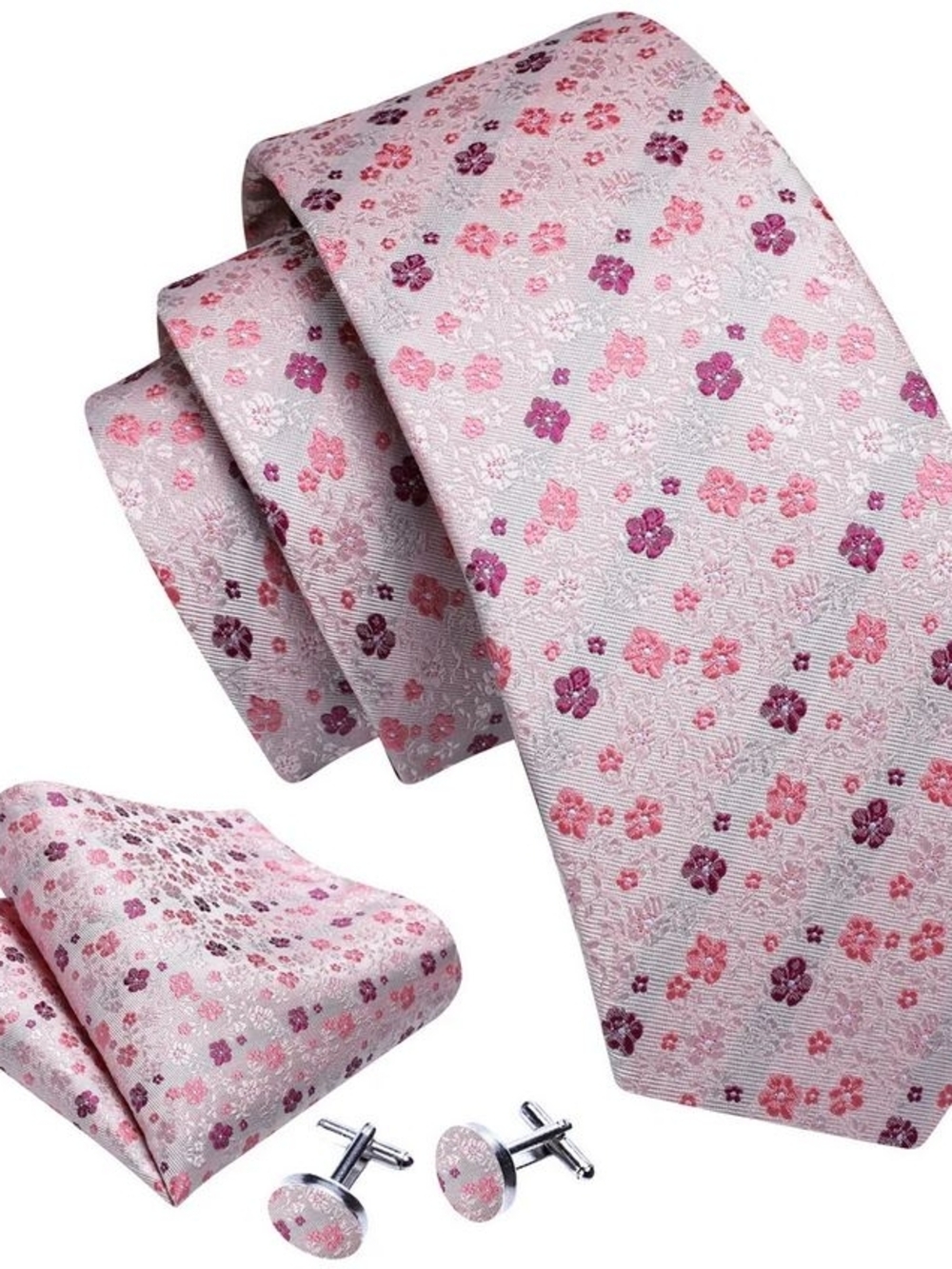 Men’s Pink Floral Tie Set w/ Pocket Square & Cufflinks